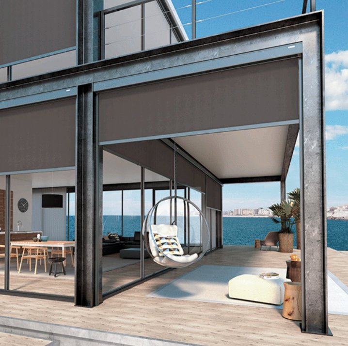 Modern balcony with steel frame and ocean view