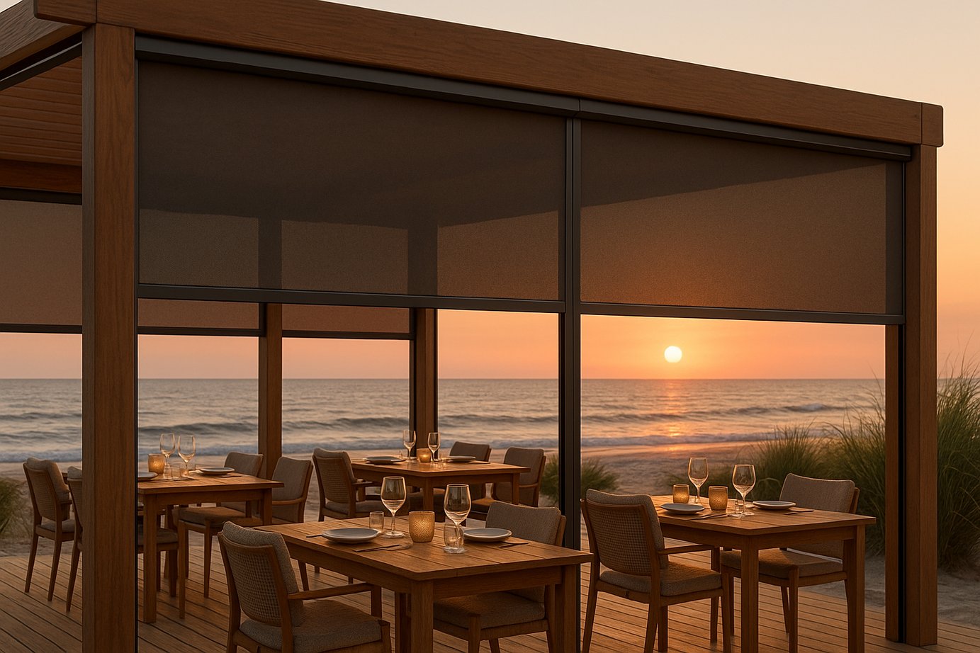 Outdoor pergola dining area shaded by Z-Box screens