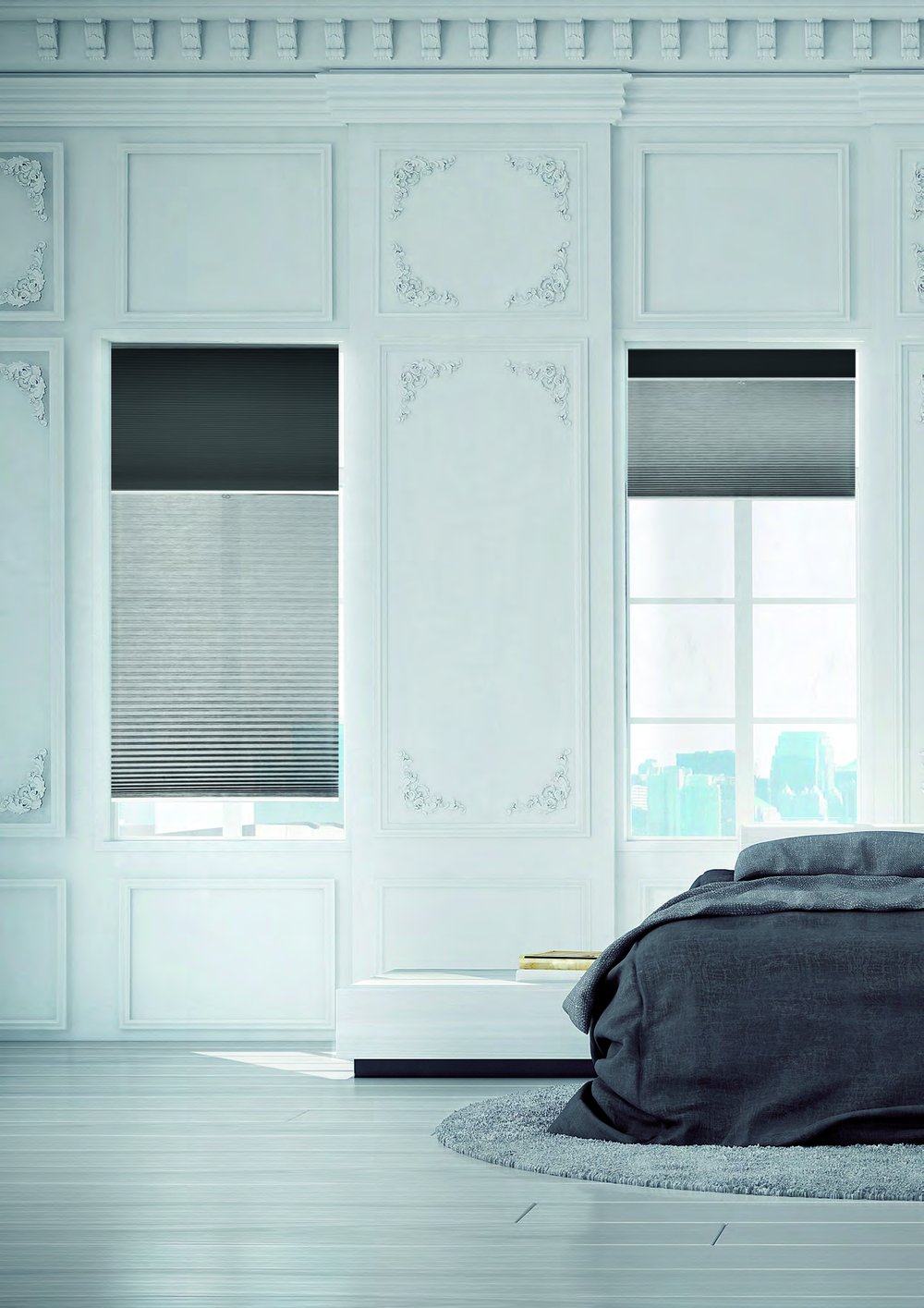 Pleated and cellular blind in an elegant panelled bedroom