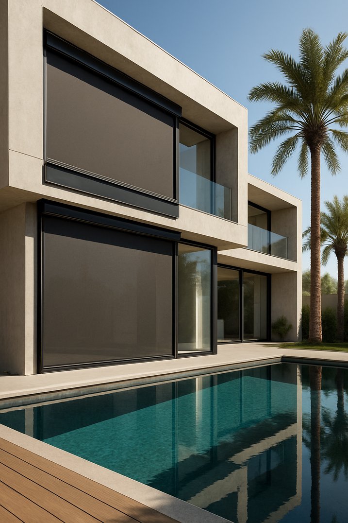 Z-Box roller shade installed on a luxury villa facade